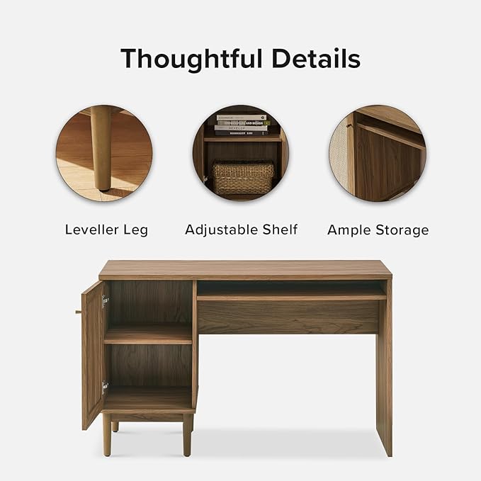 mopio Haylee Boho Farmhouse Writing Desk, with Natural Rattan Exterior Door, Ample Storage, Adjustable Shelves, for Study, Vanity, Makeup, & Work, in Bedroom, Home Office