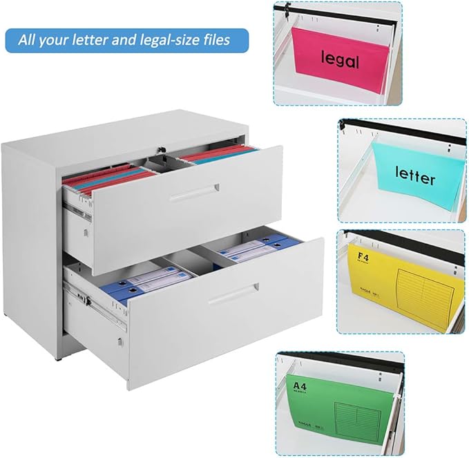 Lateral File Cabinet, 2 Drawer Metal Lockable Filing Cabinet for Commercial Grade Office Legal and Letter File (White)