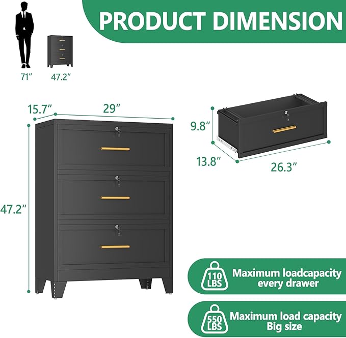 Metal Lateral File Cabinet with Lock,3 Drawer Steel Wide Filing Organization Storage Cabinets,Office Filing Cabinet for Legal/Letter/A4/F4 Size with Hanging Files&Key,Lockable Cabinets for Home Office
