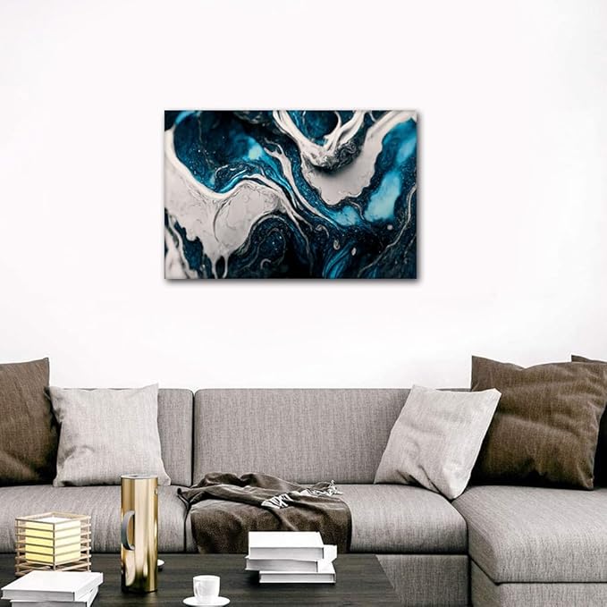 Abstract Canvas Wall Art for Men 1 Panel Modern Blue Liquid Ink Picture Printing Lady Living Room Wall Decor for Native Americans Bedroom Restaurant Wall Decor Stretched Ready to Hang 24x16 in