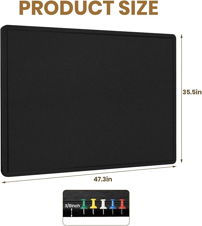 Large Bulletin Board, 48 X 36 inches Felt Board Notice Pin Board, 4' x 3'Cork Board Alternative for Wall, Self-Adhesive Vision Board Mood Board Foldable Photo Board with 30 Pushpin (Black)