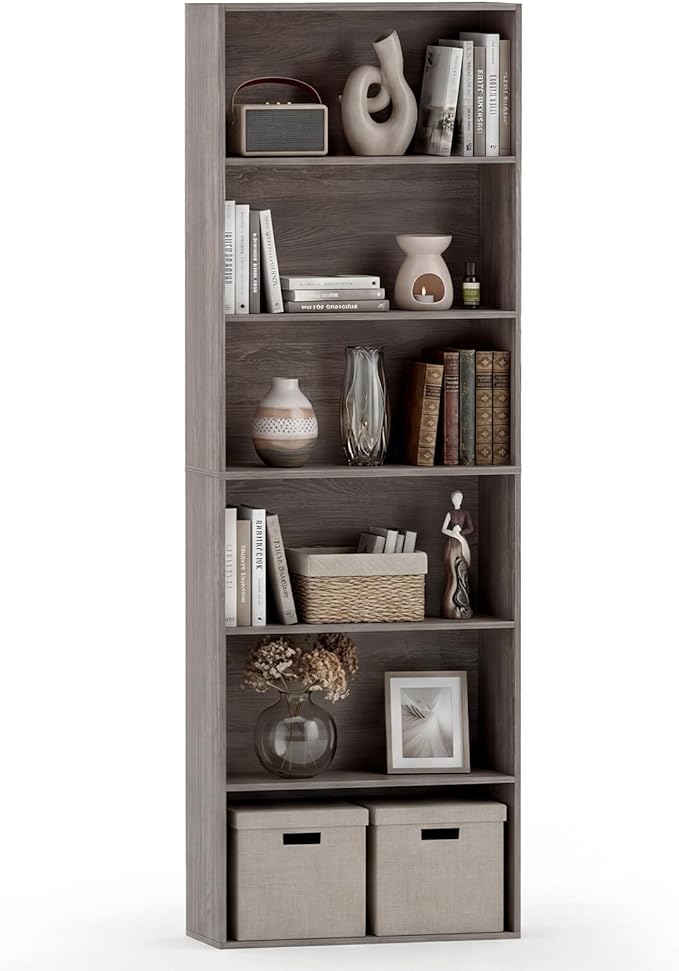 Tangkula 6-Tier Bookcase, 70” Tall Freestanding Bookshelf with 6 Open Shelves, Anti-Toppling Kits, Floor Display Storage Organizer for Living Room, Study, Kitchen, Home & Office (Gray, 70" H)
