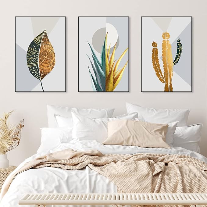 ARTKN Large Framed Abstract Canvas Wall Art Set of 3 Green Plant Leaf Minimalist Tropical Plants Modern Art Wall Decor for Office Living Room Bedroom(Green, 20" X 28" X 3 pieces)