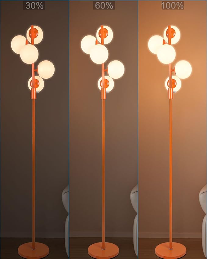 Lightdot 5-Globe Dimmable Globe Floor Lamp Orange Retro Standing Lamps with 5Pcs Bulbs Included Brightness Adjustable Mid Century Modern Floor Lamp for Living Room/Sofa Beside/Corner Decor