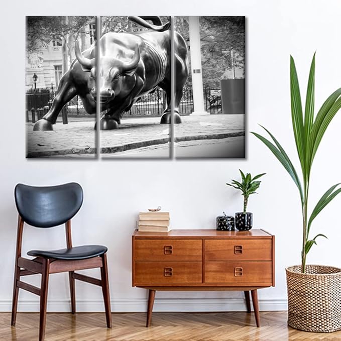 TUMOVO Black and White Canvas Wall Art Multi Panel Wall Street Bull Canvas Prints Pictures Modern Artwork for Bedroom Home Decorations Posters Stretched Framed Ready to Hang - 36" Wx24 H