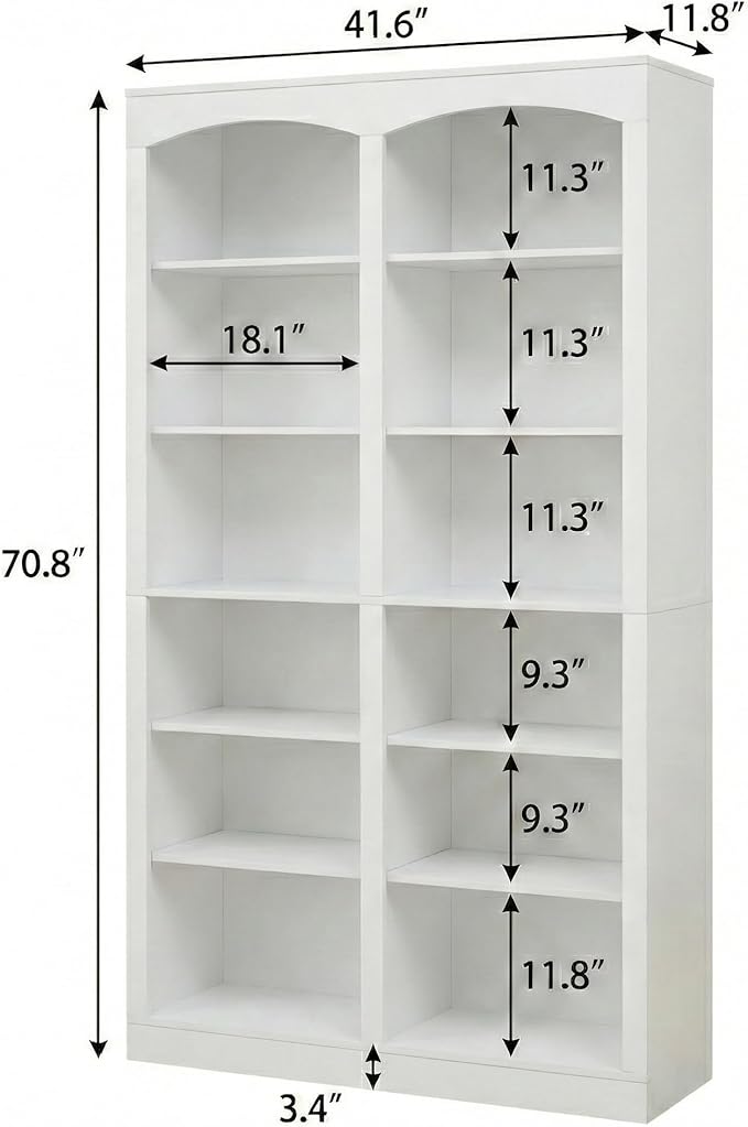71" Tall Bookcase, Double Wide White Bookshelf with Arched Design, 12-Tier Open Wood Display Shelf Storage Organizer for Living Room, Home Office (41.6" W x 70.8" H)