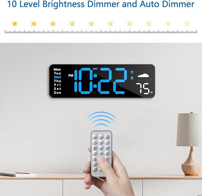 Digital Wall Clock with Remote Control, Large Display Plug in LED Digital Alarm Clocks with 12/24Hr, Date, Week, DST, Timing, Countdown, Temperature for Living Room, Bedroom, Office Wall Decor (Blue)