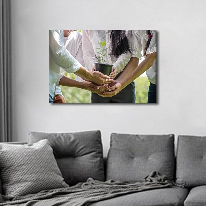 1 Panel Canvas Wall Art A Group Of People Holding Potted Plants In The Park Teamwork Concept Pictures Modern Decor Poster Canvas Print Frame Ready To Hang (12"Wx18"H)