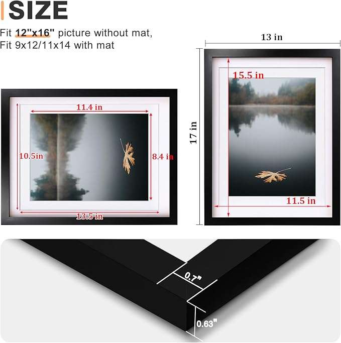 Egofine 12x16 Picture Frames Black Set of 2, Solid Wood Frames Covered by plexiglass, Display photos 9x12/11x14 with Mat or 12x16 without mat, for Wall Mounting