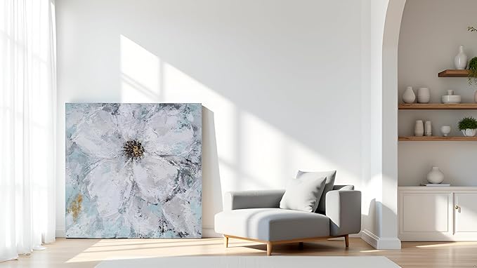 Yihui Arts White Flower Painting - Hand Painted Grey Floral Canvas Wall Art for Home Decor