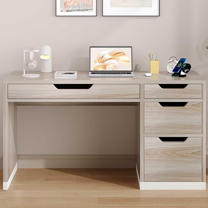 52 Inch Desk with 4 Drawers, Computer Desk with Storage File Drawer for Bedroom, Small Office Desk with Storage for Small Space, Walnut