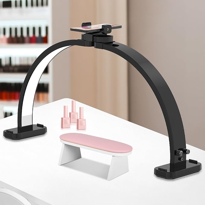 FAHKNS Half Moon Light for Nail Desk with Phone Holder, Upgraded 28-inch Foldable Half-Moon Lamp, LED Light for Manicure, Eyelash Extension, Tattooing, Craft, Black