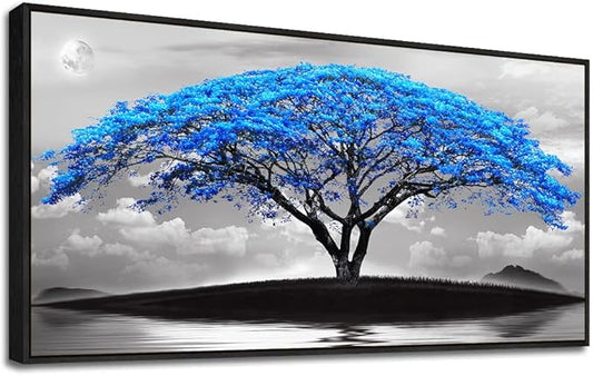 Framed Canvas Wall Art For Living Room Large Size Office Wall Decor Bedroom Decor Pictures Artwork Black And White Landscape Blue Tree Moon Wall Painting Home Decorations Black Frame 20" X 40"