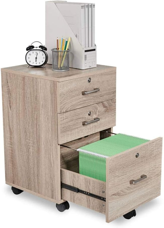 Bonnlo 26"H 3 Drawer File Cabinet with Lock, Rolling File Cabinet Under Desk, Mobile File Cabinets for Home Office, Wood File Cabinet Printer Stand for Letter Size File Folders, Assembly Required, Oak