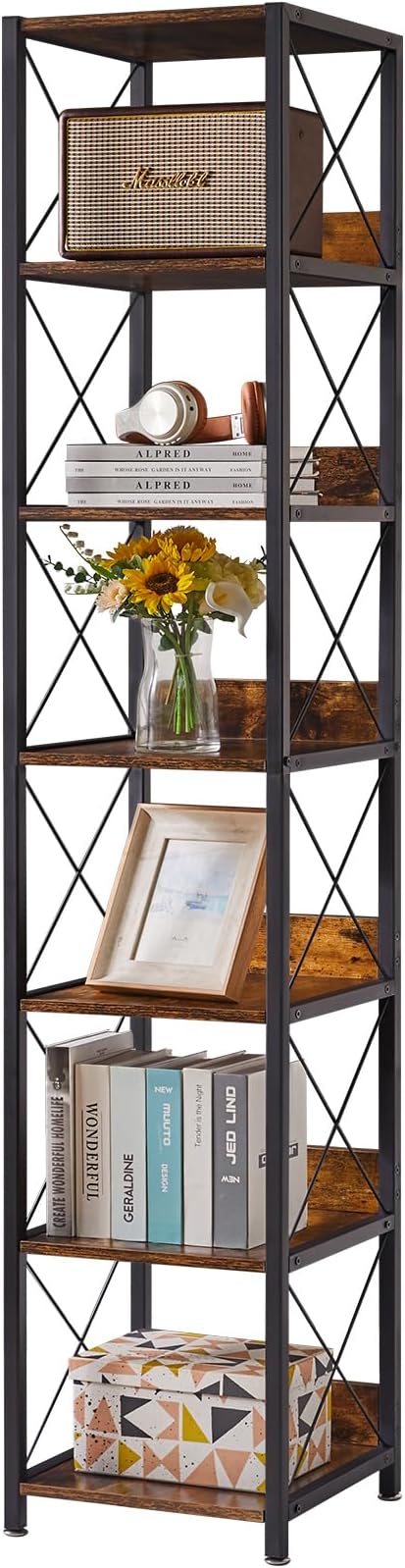 IBUYKE 6-Tier Tall Narrow Bookcase,Wood Corner Shelf Storage Display Rack for Small Spaces,Free Standing Open Bookshelf Square Shelf Tower for Home Office Living Room Bathroom, Rustic Brown UTBC001H