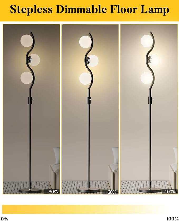 Lightdot 60IN 3-Globe Dimmable Black Floor Lamp Mid Century Standing Lamps with 3Pcs 3000K Warm White Bulbs Included Brightness Adjustable Modern Tall Lamp for Bedroom/Sofa Beside/Corner Decor