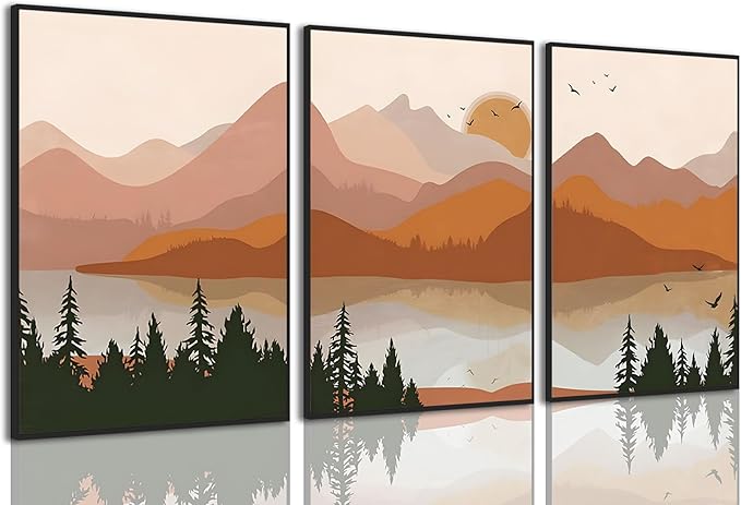 Bwodke Framed Mountain Wall Art Nature Landscape Watercolor Sun Forest Canvas Picture Prints Set of 3 Artwork Painting Home Wall Decor for Living Room Bedroom Office, Orange