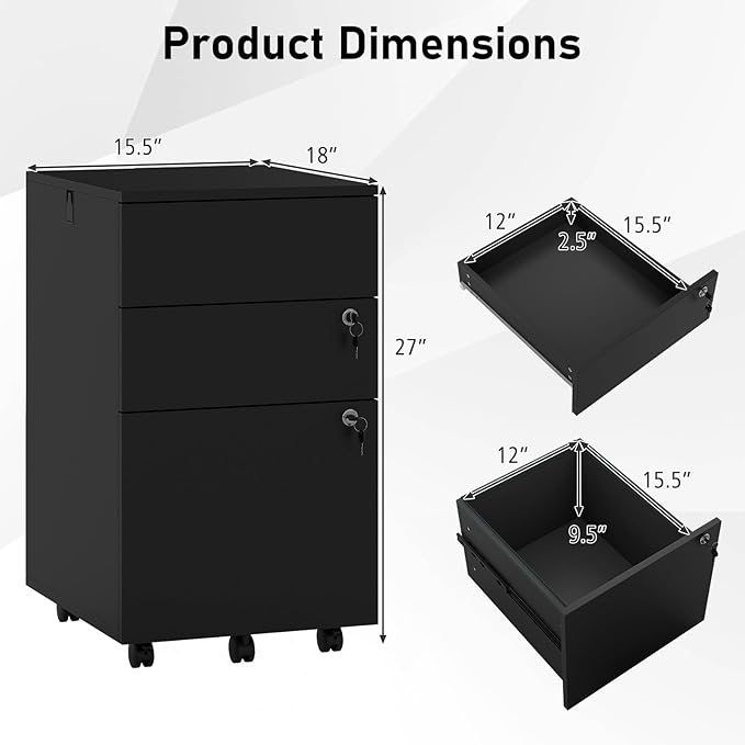 Giantex 3-Drawer File Cabinet with Lock, 27-Inches Storage Cabinet with 2 Side Hooks, Mobile Printer Stand, Wheels, 4 Keys, Vertical Filing Organizer fits Letter/A4 Size for Home Office (Black)