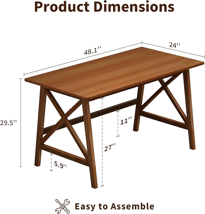 Modern Solid Wood Desk - 48" Simple Computer Table for Home Office Study Writing Workstation in Walnut, 48" W x 24" D