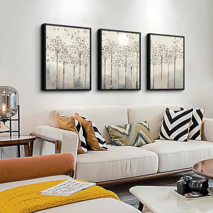 AHUASJART Trees And Birds Abstract Paintings Large Wall Decorations For Living Room Black Framed Canvas Prints Wall Art For Bedroom Wall Decor Office Artworks Pictures Sunrise And Sunset Home Decor