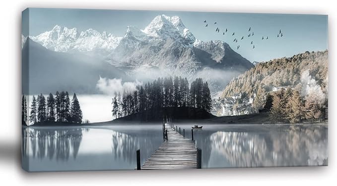 Bamdeya Lake Pictures Mountain Canvas Wall Art for Living room Bedroom Wall Decor Landscape Canvas Picture Natural Scenery Wall Art Prints Tree Painting Framed Artwork for Kitchen Office Home Decoration