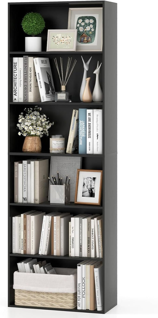 Giantex 6-Tier Bookcase, 70" Tall Wooden Bookshelf, Freestanding Storage Organizer w/Open Shelves, Anti-Tipping Kits, Modern Floor Standing Display Shelves for Living Room, Bedroom (1,Black)