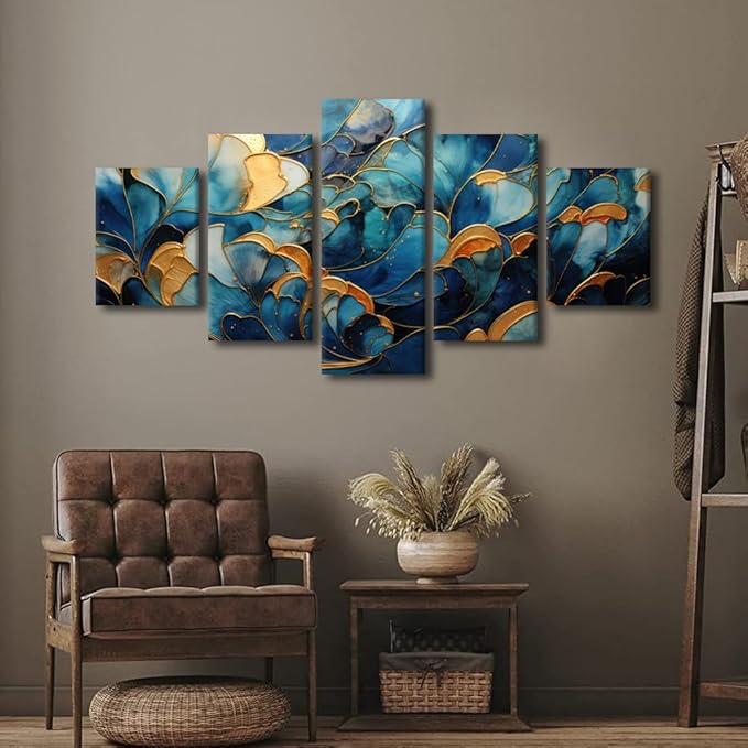 Wall Art Decor for Men Modern Abstract Canvas Wall Art Flower Marble Artwork Printing 5 Panel Lady Room Decor Art for Living Room Office Decoration Stretched and Framed Ready to Hang 60x32 in