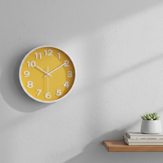 10 Inch Yellow Wall Clock with Big Numbers - Battery Operated Silent Modern Simple Decor Easy to Read for Kitchen, Bedroom, Living Room, Office, School