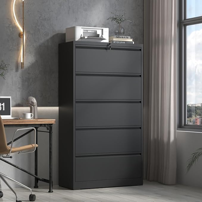 5 Drawer Lateral File Cabinet with Lock for Home Office Metal Filing Cabinet with Adjustable Hanging Rails Horizontal Filing Organization Storage Cabinet for Letter/Legal/A4/F4 Size Balck