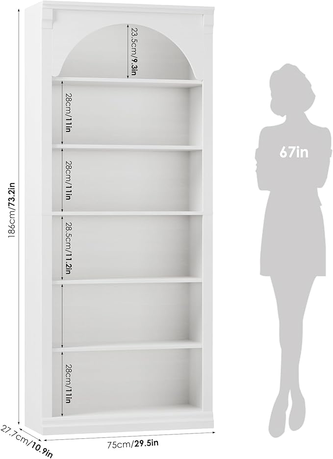 FACBOTALL 73" Tall Arched Bookcase and Bookshelf, Farmhouse Book Shelf with 6 Tiers Open Shelves, Arched Cabinet for Media CD DVD Storage, Wooden Tall Bookcase for Living Room, Home Office, White