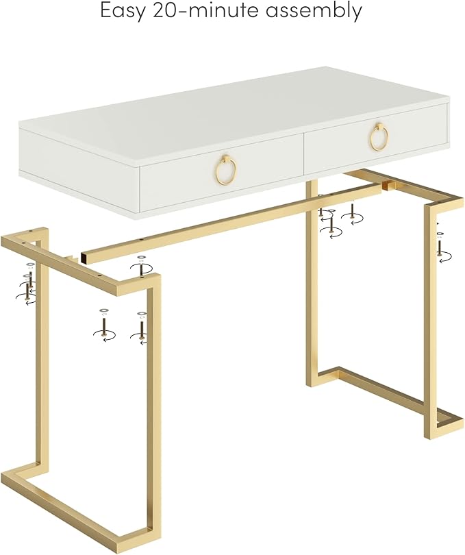 Nathan James Leighton Two-Drawer Writing Glam Accents Brass, Home Office Computer Desk or Vanity Table, 2, White/Gold, Small