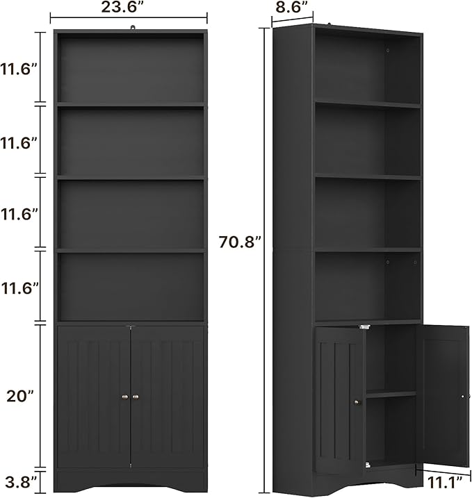 Gizoon Bookcase, Bookshelves and Bookcases, 71” 6-Shelf Bookcase with Doors, Floor Standing Display Storage Shelves, with Adjustable Shelves, for Home, Office, Living Room, Bedroom, Black