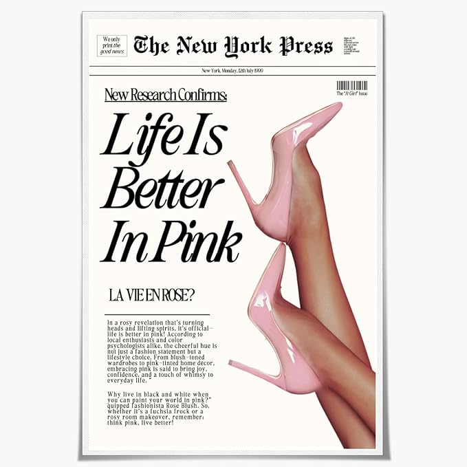Balsuka Trendy Baby Pink Hot Girl Poster Life Is Better In Pink Newspaper Wall Art Retro High Heel Picture 70s News Headline Canvas Prints Aesthetic Decor for Girly Bedroom Dorm 12x16inch Unframed