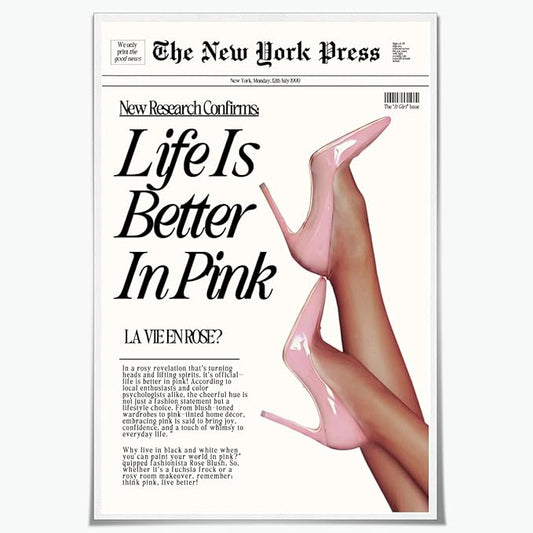 Balsuka Trendy Baby Pink Hot Girl Poster Life Is Better In Pink Newspaper Wall Art Retro High Heel Picture 70s News Headline Canvas Prints Aesthetic Decor for Girly Bedroom Dorm 16x24inch Unframed