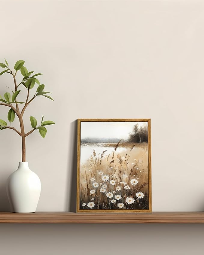 ARPEOTCY Vintage Framed Canvas Wall Art, Retro Countryside Wildflower Field Canvas Prints Decor, Farmhouse Floral Painting Landscape Wall Art for Living Room, Bedroom, Bathroom(8 x 10 Inch)