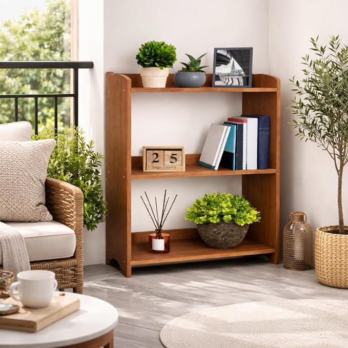 Narrow Bookcase by Natural Wood, 4 Tier Bookshelf, Small Book Shelves Freestanding Display Storage Shelves. Open Bookshelf for Bedroom, Living Room and Office (Brown, 3 Tier Simple)