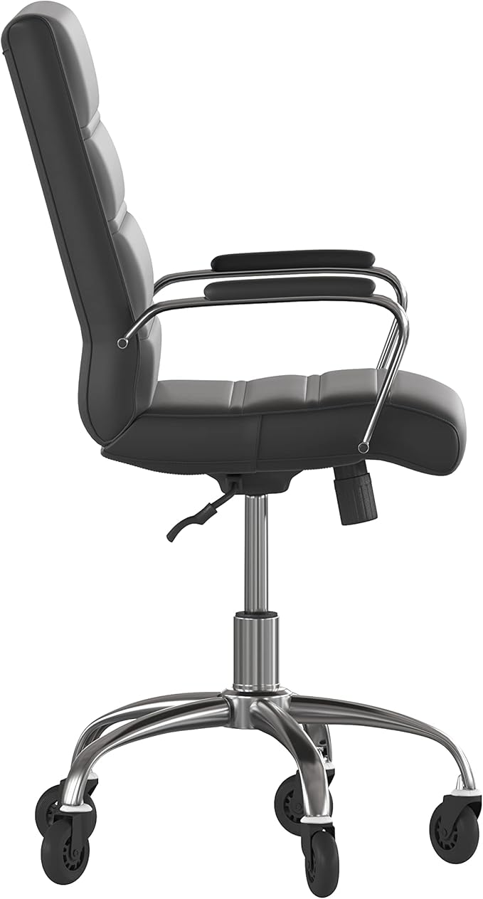 Flash Furniture Camilia Mid-Back Black LeatherSoft Executive Swivel Office Chair with Chrome Frame, Arms, and Transparent Roller Wheels