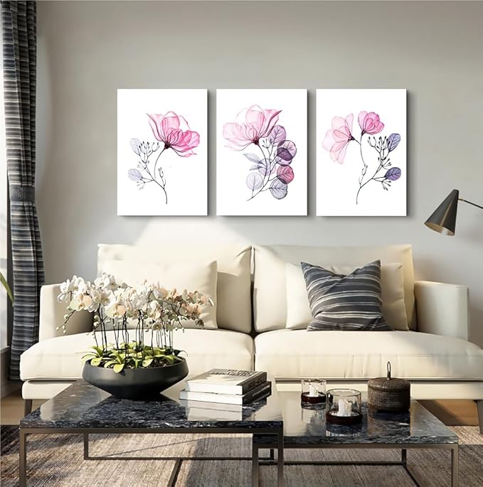 Modern Pink Flowers Canvas Wall Art For Bedroom Living Room,Bathroom Wall Decor,3 Panels Wall Painting Home Decoration Kitchen Canvas Print Abstract Watercolor Flowers And Leaves Artwork Wall Mural
