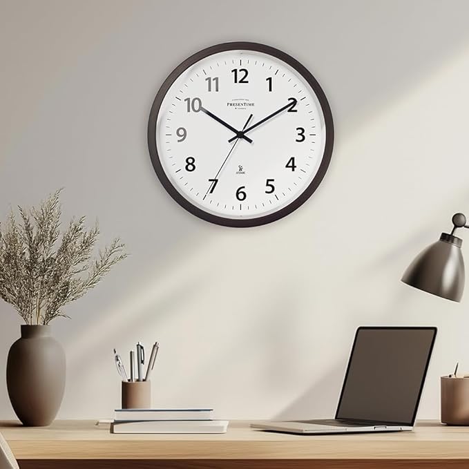 Presentime & Co 10" Atomic Wall Clock, Silent no Ticking, Automatically Sets Itself and Adjust to Daylight Saving Time by WWVB - Oil Rubbed Bronze Finish. (Home Office)