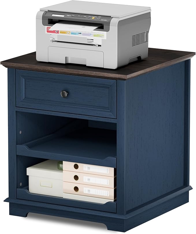 Lateral File Cabinet 3 Drawer File Cabinet with Charging Station, Printer Stand with Open Adjustable Storage Shelves, Lateral Filing Cabinet for Home Office, Blue