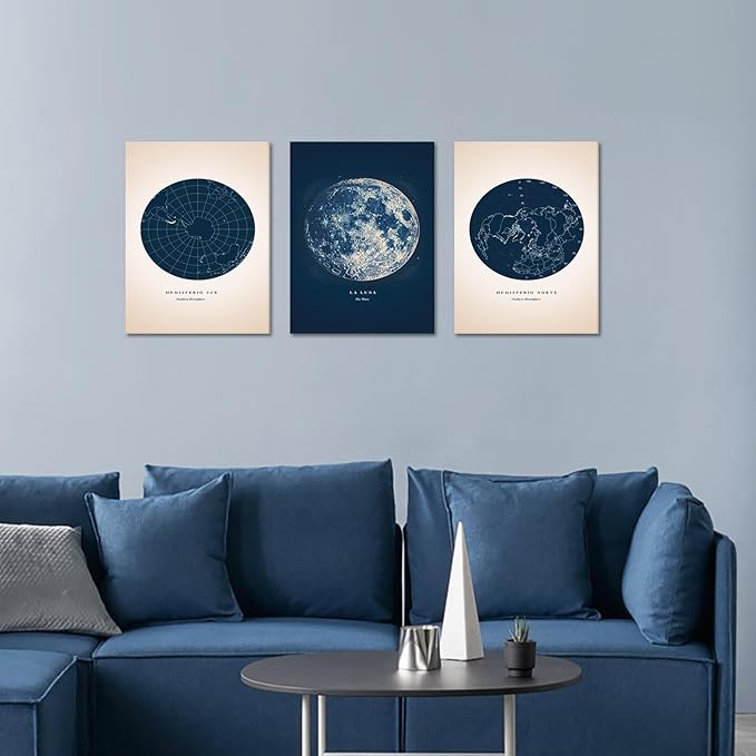 3 Piece Wall Art for Living Room - Astronomy Canvas Painting Star Map Print Constellation Pictures Moon Poster Nautical Wall Decor Navy Blue Artwork Framed for Bedroom Home Office, 12x16inx3Pcs
