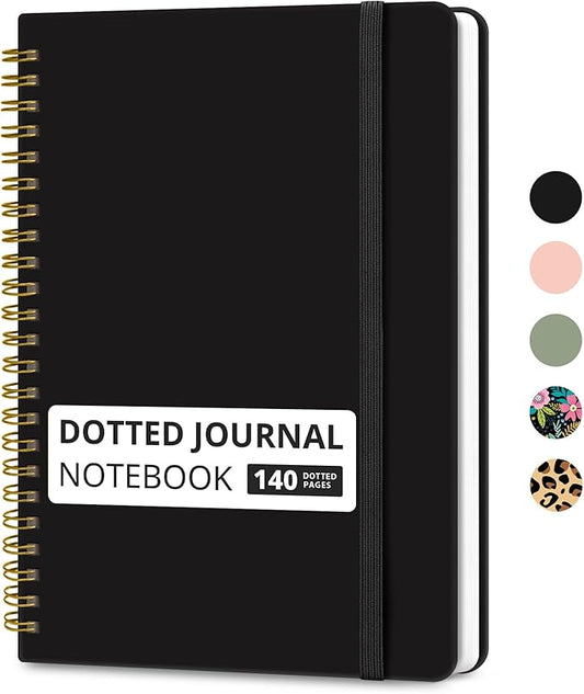 Taja Dotted Spiral Journal Notebook for Women & Men, 140 Pages, Dotted Notebook for Journaling & Note Taking, Journals for Writing, A5(5.7" x 7.9") – Black