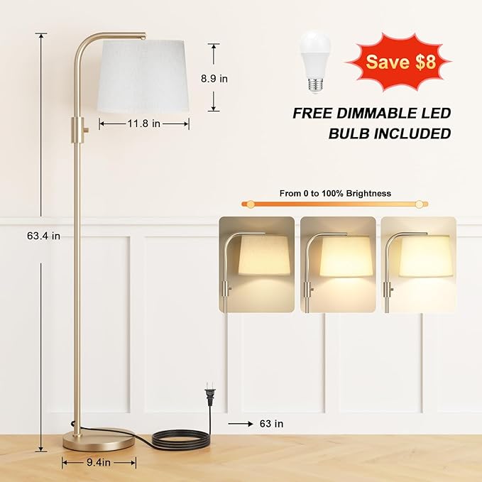 Ambimall 𝐅𝐮𝐥𝐥𝐲 𝐃𝐢𝐦𝐦𝐚𝐛𝐥𝐞 Floor Lamp - Floor Lamps with 9W 𝐋𝐄𝐃 Bulb, Standing Lamps for Living Room with Adjust Head, Modern Standing Tall Light Rotary Switch for Office(Mocha and Beige)
