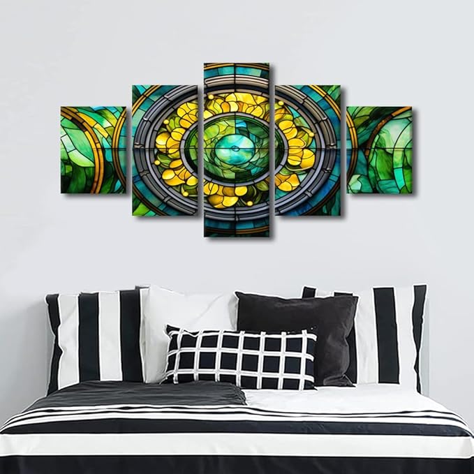 Canvas Wall Art for Men Green Yellow Brown Blue Stained Glass Poster Prints 5 Panel Canvas Art Printing for Men Bedroom Office Home Wall Decor Stretched and Framed Ready to Hang 60x32 in