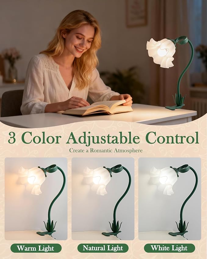 Green Clip on Light, 3 Color Modes Eye-Caring Flower Desk Lamp with Clamp, Dorm Room Essentials, Flexible Neck Reading Clamp Lamps for College Bedside Bookshelf Studying Room (Dark Green)