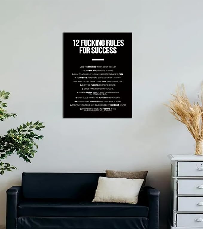 Motivational Office Decor 12 Fucking Rules for Success Canvas Poster Print Black and White Inspirational Wall Art for Living Room Bedroom Framed Ready to Hang 18x24 inch