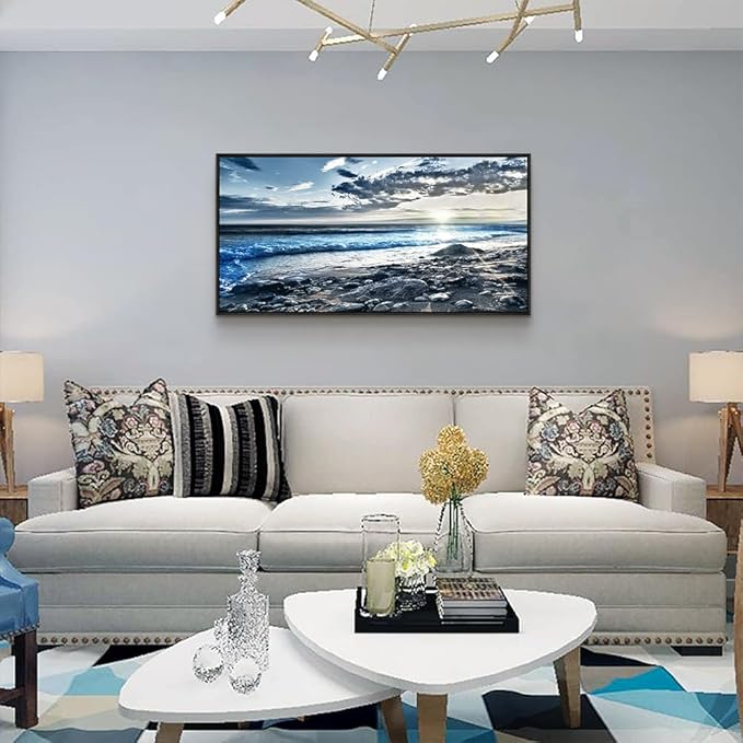 Black Framed Canvas Wall Art For Living Room Large Wall Decor For Bedroom Modern Office Decor Blue Beach Sun Ocean Landscape Painting Prints Artwork Seascape Framed Hang Pictures Home Decoration