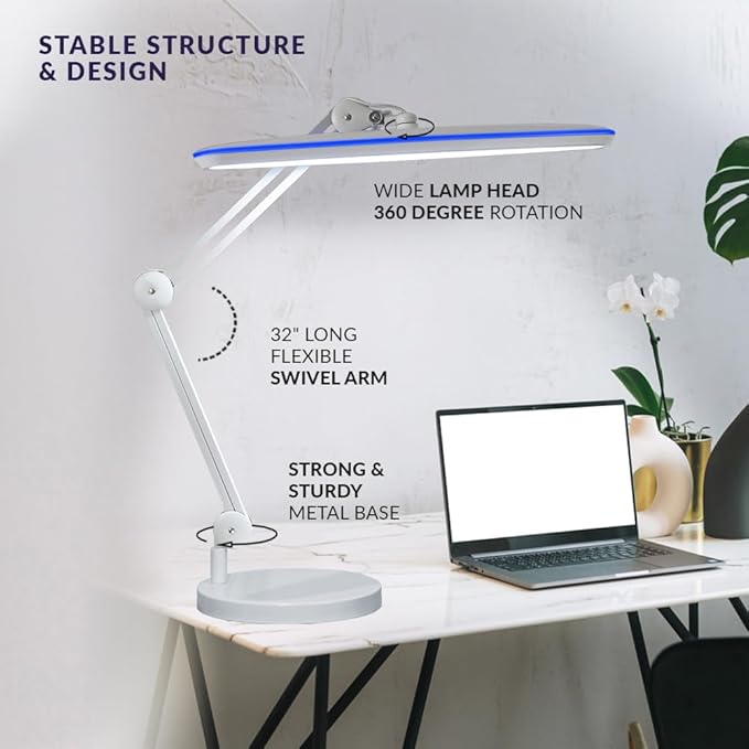 Neatfi XL 24W LED Desk Lamp with Base – 2,200 Lumens | 23” Wide Shade | Dimmable Eye-Caring Task Light | Adjustable Arm | Office, Study, Crafting & Nail Techs (White, Non-CCT with Base)