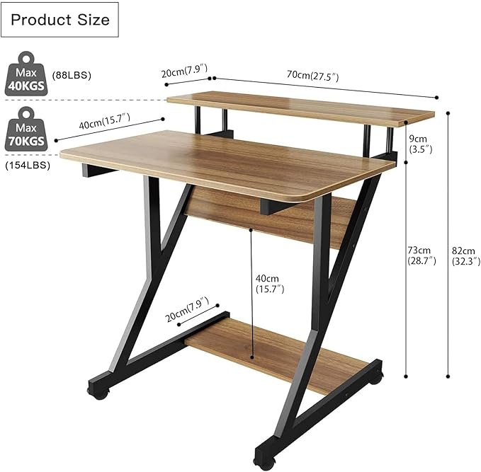 Dripex Computer Desk for Small Spaces, Z Shaped Small Computer Desk, 27.5 inch Compact Desk with Monitor Shelf and Bottom Storage Shelves, Space Saving Desk, Walnut