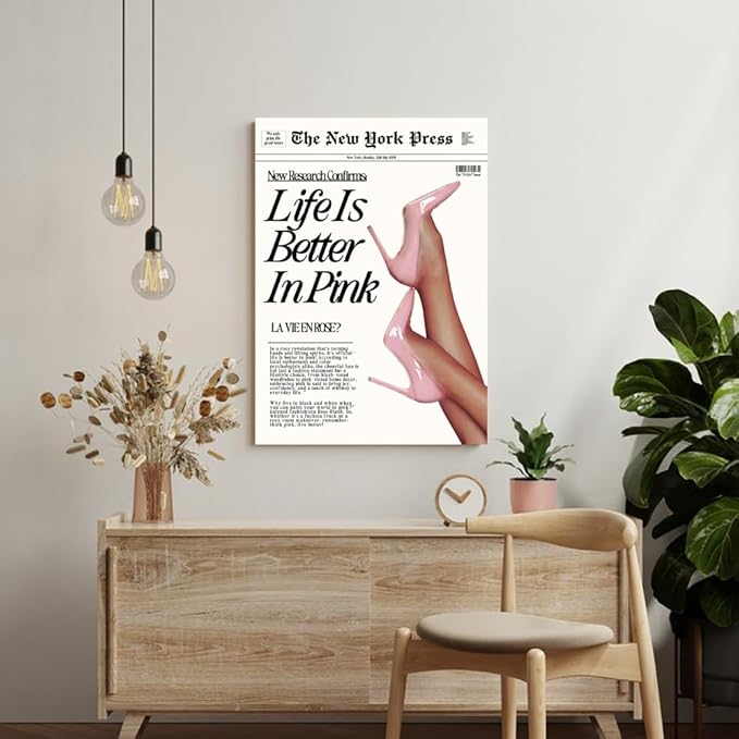 Balsuka Trendy Baby Pink Hot Girl Poster Life Is Better In Pink Newspaper Wall Art Retro High Heel Picture 70s News Headline Canvas Prints Aesthetic Decor for Girly Bedroom Dorm 16x24inch Unframed